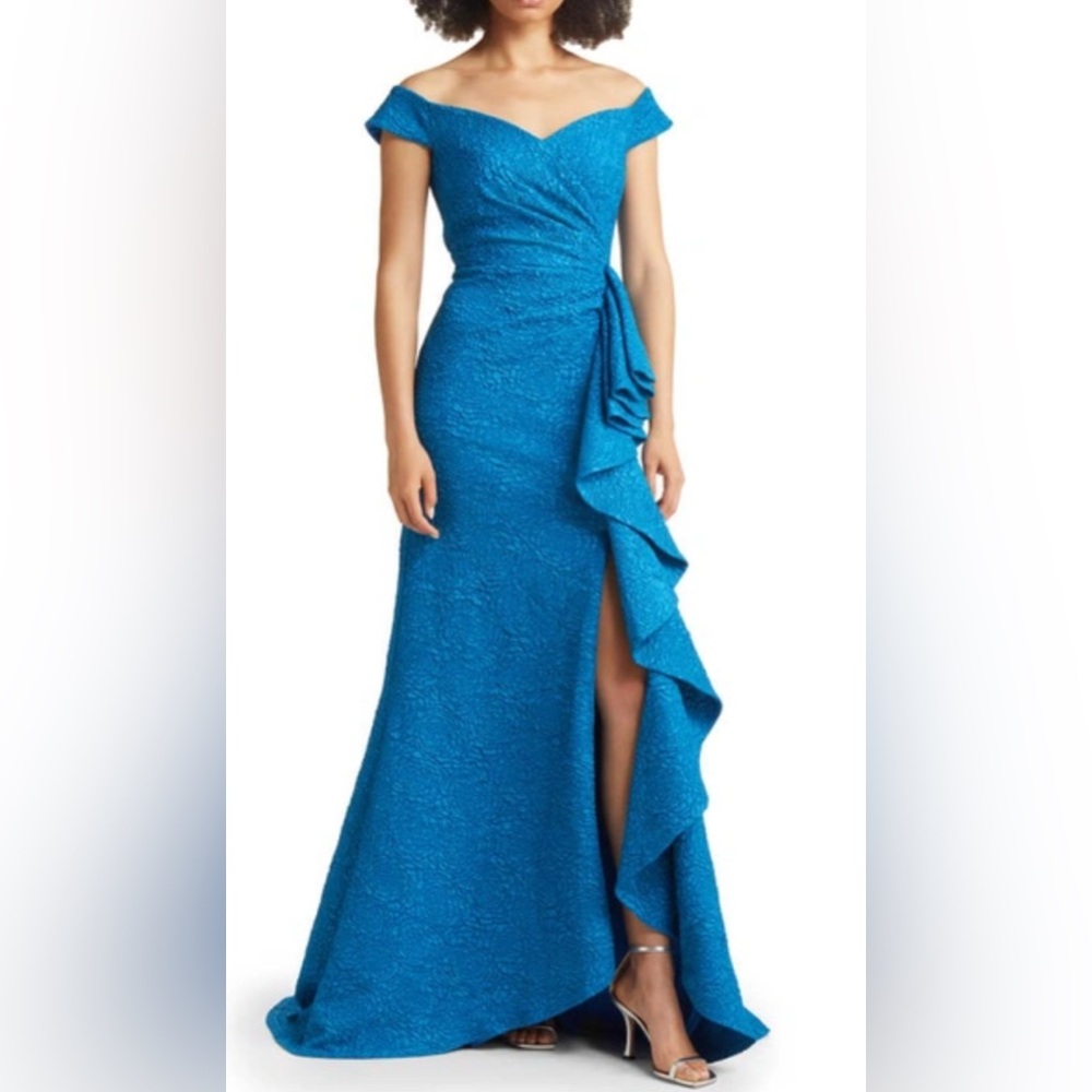 Tadashi Shoji Blue Asymmetrical Ruffled Gown for Wedding